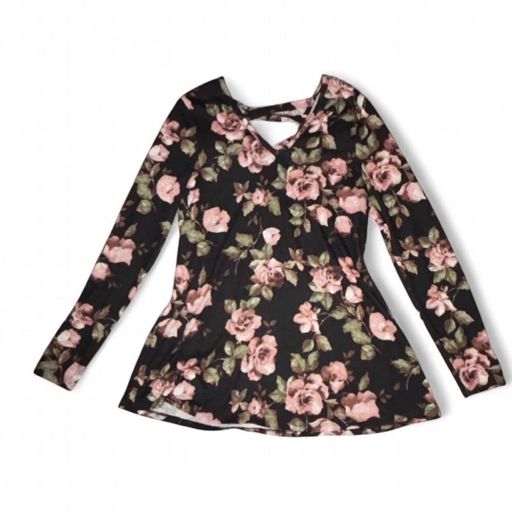 IZ Byer Dark chocolate & pink floral long sleeve V neck top with lattice back